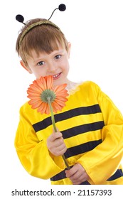 Cute Boy In Bumble Bee Costume Holding Red Flower