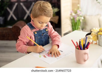 Cute Boy, Child In Red Shirt, Drawing Picture For Mothers Day, Little Chicks On The Table Playing