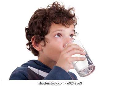 Cute Boy Drinking  Water, Isolated On White, Studio Shot