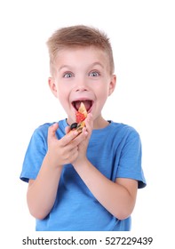 Cute Boy Eating Pizza, Isolated On White