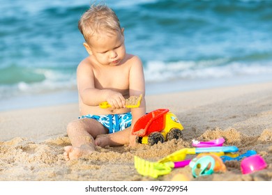 Happy Child Playing Sand Beach Summer Stock Photo (Edit Now) 80781181