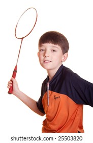 Cute boy playing badminton isolated on white