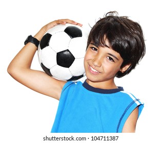 Cute Boy Playing Football, Happy Child, Young Male Teen Goalkeeper Enjoying Sport Game, Holding Ball, Isolated Portrait Of A Preteen Smiling And Having Fun, Kids Activities, Little Footballer