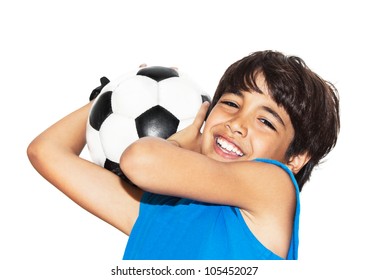 Cute Boy Playing Football, Happy Child, Young Male Teen Goalkeeper Enjoying Sport Game, Holding Ball, Isolated Portrait Of A Preteen Smiling And Having Fun, Kids Activities, Little Footballer