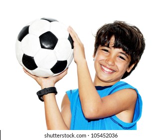 Cute boy playing football, happy child, young male teen goalkeeper enjoying sport game, holding ball, isolated portrait of a preteen smiling and having fun, kids activities, little footballer - Powered by Shutterstock