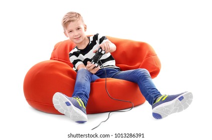 Cute Boy Playing Video Game On White Background