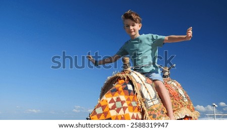 Cute boy rides camel and spread his arms against blue sky