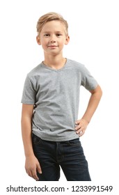 Cute boy in t-shirt on white background