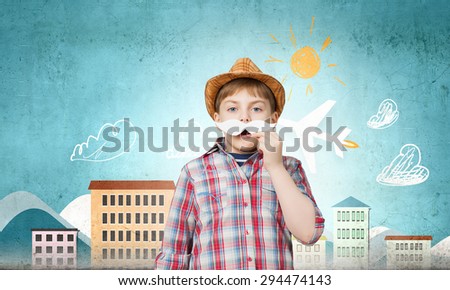 Similar – Image, Stock Photo boy with hat and map on blue background