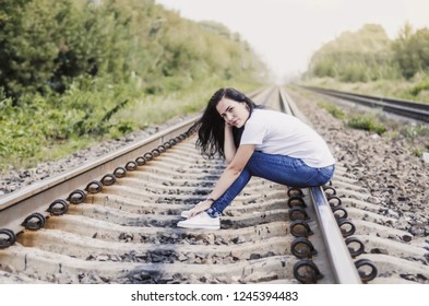 Cute Brunette Girl On Railroad Tracks Stock Photo 1245394483 | Shutterstock