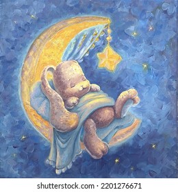 A Cute Bunny Sleeps In A Cradle On The Moon, Around A Star. Artistic Poster For A Nursery On A Blue Background. Oil Kids Painting, Canvas For Children. Gentle Rabbit Baby Under The Blanket