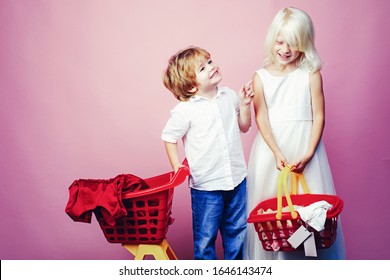 Cute Buyer Customer Client Hold Shopping Cart. Buy With Discount. Girl And Boy Children Shopping. Couple Kids Hold Plastic Shopping Basket Toy. Kids Store. Mall Shopping. Buy Products. Play Shop Game.