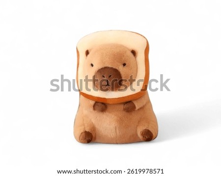 Cute capybara stuffed animals with bread on the head and sitting innocently on the white background