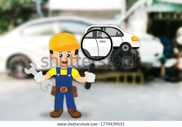 Cute cartoon\
of mechanic repairs the car\
engine.