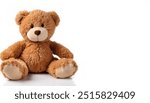 Cute cartoon teddy bear doll for babies and children. Fluffy soft stuffed toy.  isolated on white background with copy space. Beige and brown color for a boy child