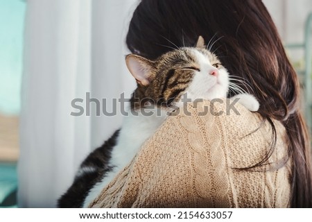 Cute cat put his chin on woman in brown sweater's shoulder with one eye closed beside the window and white curtain.