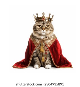 Cute cat wearing king costume and crown looking majestic and royal. Isolated on white background - Shutterstock ID 2304935891