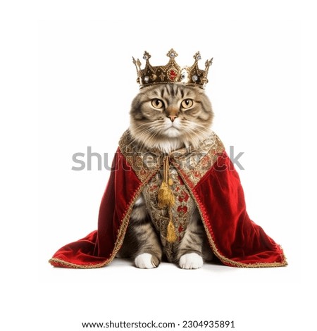 Cute cat wearing king costume and crown looking majestic and royal. Isolated on white background