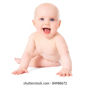 Cute Caucasian Baby. All On White Background.