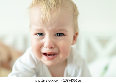 Cute Caucasian Blond Toddler Boy Portrait Crying At Home During Hysterics. Little Child Feeling Sad. Little Actor Acting Sadness Emotions Demanding Something