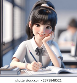 Cute character 3D image of mid body, 3D realistic, smart girl, 10 year old, thai, smile, slender face, ponytail hair, eyes aren't big, black hair, smile, write homework,​ modern study desk, modern classroom