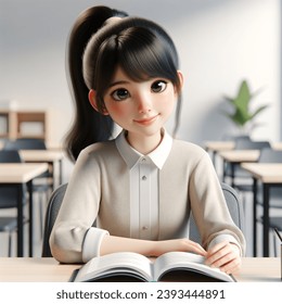 Cute character 3D image of 3D realistic style, smart girl, 11 year old, thai-japan, black hair ponytail, smile, siting and reading book, modern desk, modern classroom