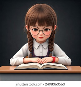 Cute character 3D image of 3D rendering of a cute little girl with brown hair and center bangs with one side braid hanging on her shoulder wearing glasses sitting at a school desk with an open book in front of her with a smile on her face looking down