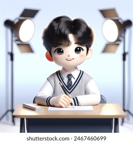 Cute character 3D image of sitting at a desk in school uniform,hold a pencil in one hand, one middle school student, holding happiness and hands, korean, white skin, black hair, studio lights, white background, full body, front, real life