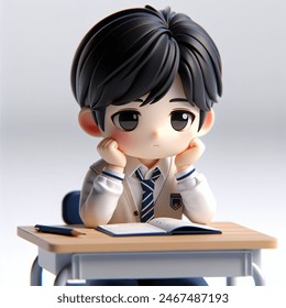 Cute character 3D image of sitting at a desk in school uniform, man, one middle school student,lower one's head, worry, cup one's chin in one's hand.,study stress, korean, white skin, black hair, studio lights, white background, full body, front, real