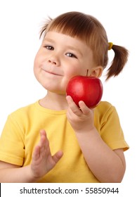 Cute Cheerful Child Is Going To Bite A Red Apple, Isolated Over White