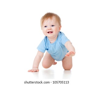 Cute Cheerful Crawling Baby Boy Isolated On White Background