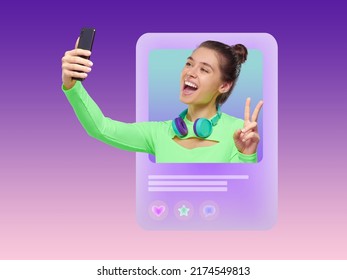 Cute Cheerful Girl With Wireless Headphones Showing Peace Gesture Taking Selfie On Phone For Social Media Content Or Post With Like, Comment And Save Buttons Below