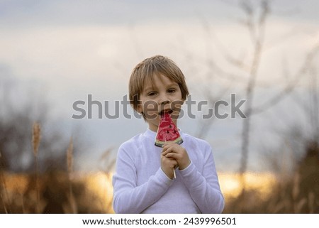 Cute child, beautiful blond boy, eating watermelon lollipop in the park on sunset, beautiful spring weather outdoors