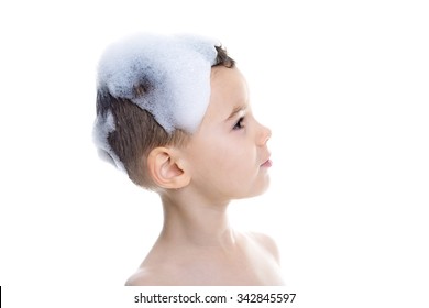 A Cute Child Boy Washing Her Hair Isolated On White Background