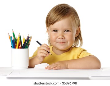 Cute Child Little Boy Drawing Pencils Stock Photo (Edit Now) 269377664