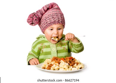 Cute Child Eating Pasta; Isolated Over White