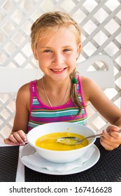 Cute Child Eating Soup From The Bowl, Healthy Food