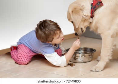 Cute Child Feeding His Pet Dog