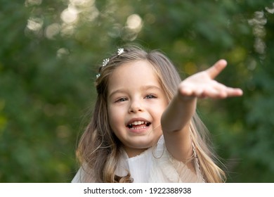 Cute Child Girl Need Help And Pulling Hand Arm Reach Out To Camera