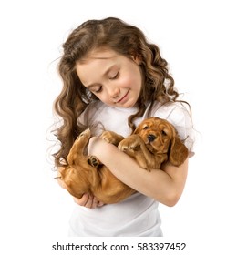 Cute Child Little Girl With Red Puppy Isolated On White Background. Kid Pet Friendship