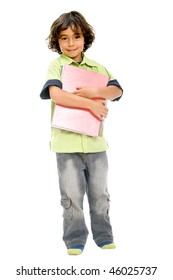 Cute Child Student Holding A Notebook Isolated On White