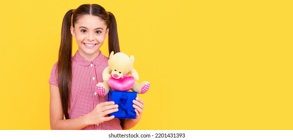 Cute Child With Teddy Bear. Present For Holidays. Happy Birthday. Happy Valentines Day. Banner Of Child Girl With Toy, Studio Portrait, Header With Copy Space.