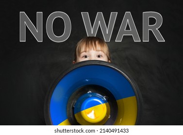 Cute child yelling through a blue and yellow color megaphone No War! 