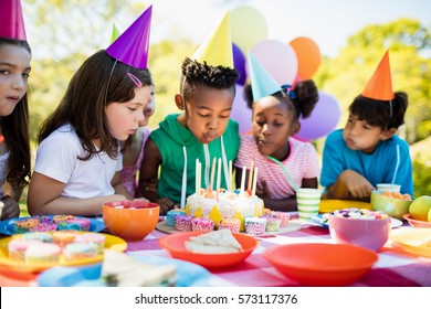 Cute children blowing together on the candle during a birthday party on a park