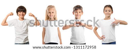 Cute children in clean t-shirts on white background