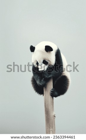 A cute Chinese giant panda climbing on a wooden pile, minimalist photography