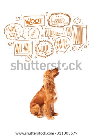 Cute cocker spaniel with barking speech bubbles above her head