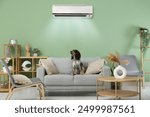 Cute cocker spaniel sitting on sofa in room with operating air conditioner