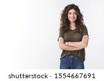 Cute confident successful young female diatologist with curly hair cross arms chest self-assured ready give helpful advice smiling broadly feel lucky day, standing white background