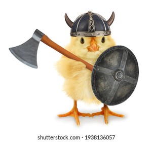 Cute Cool Chick Viking Medieval Warrior With Shield And Axe Funny Conceptual Image